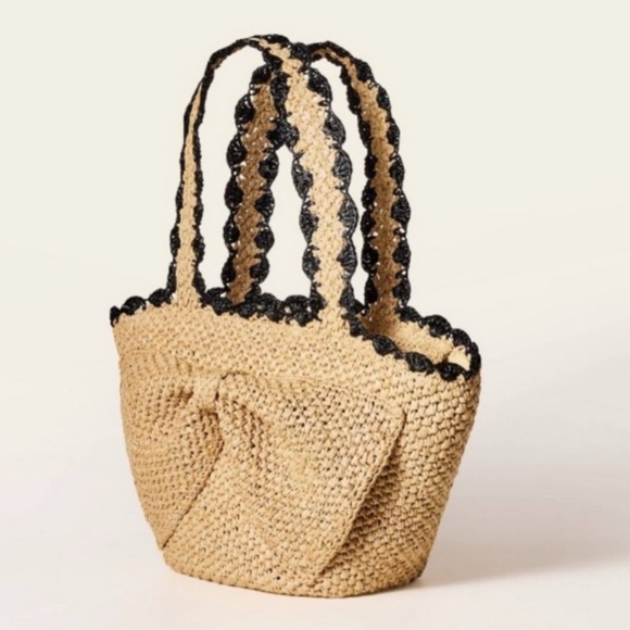 Kate Spade X Target Raffia Straw Beige and Black Bow Tote Bag - Picture 3 of 5